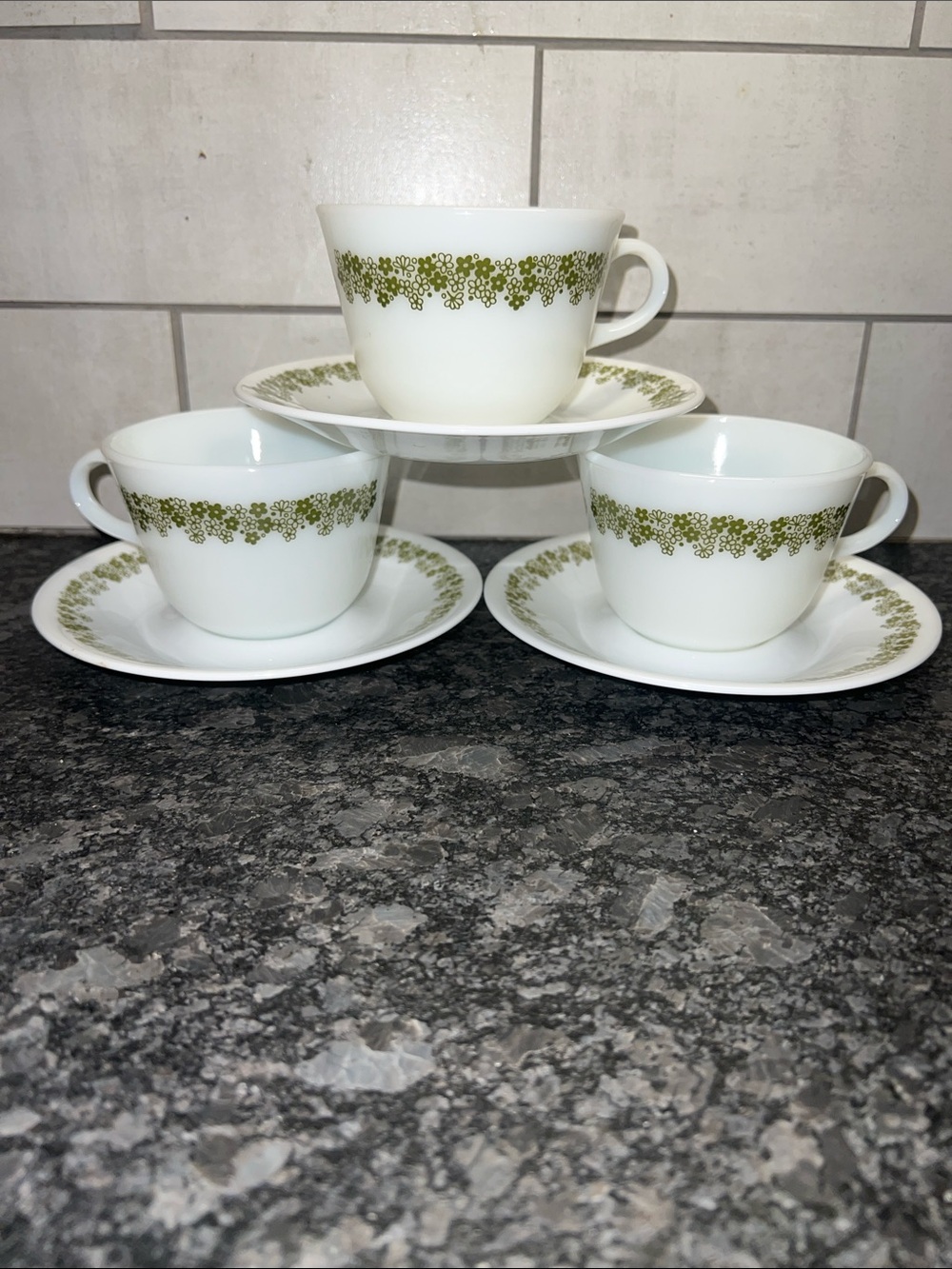 Set of 3 Milk Glass Pyrex coffee/tea cups & saucers for Corelle’s CRAZY DAISY.